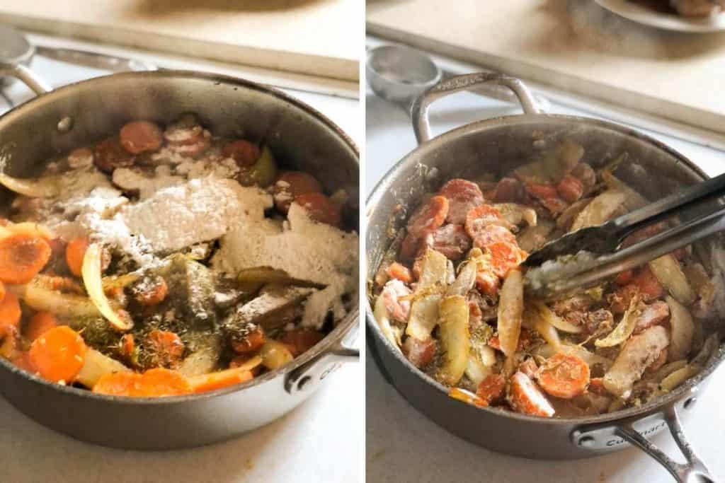 A side-by-side photo of flour being added to chopped vegetables