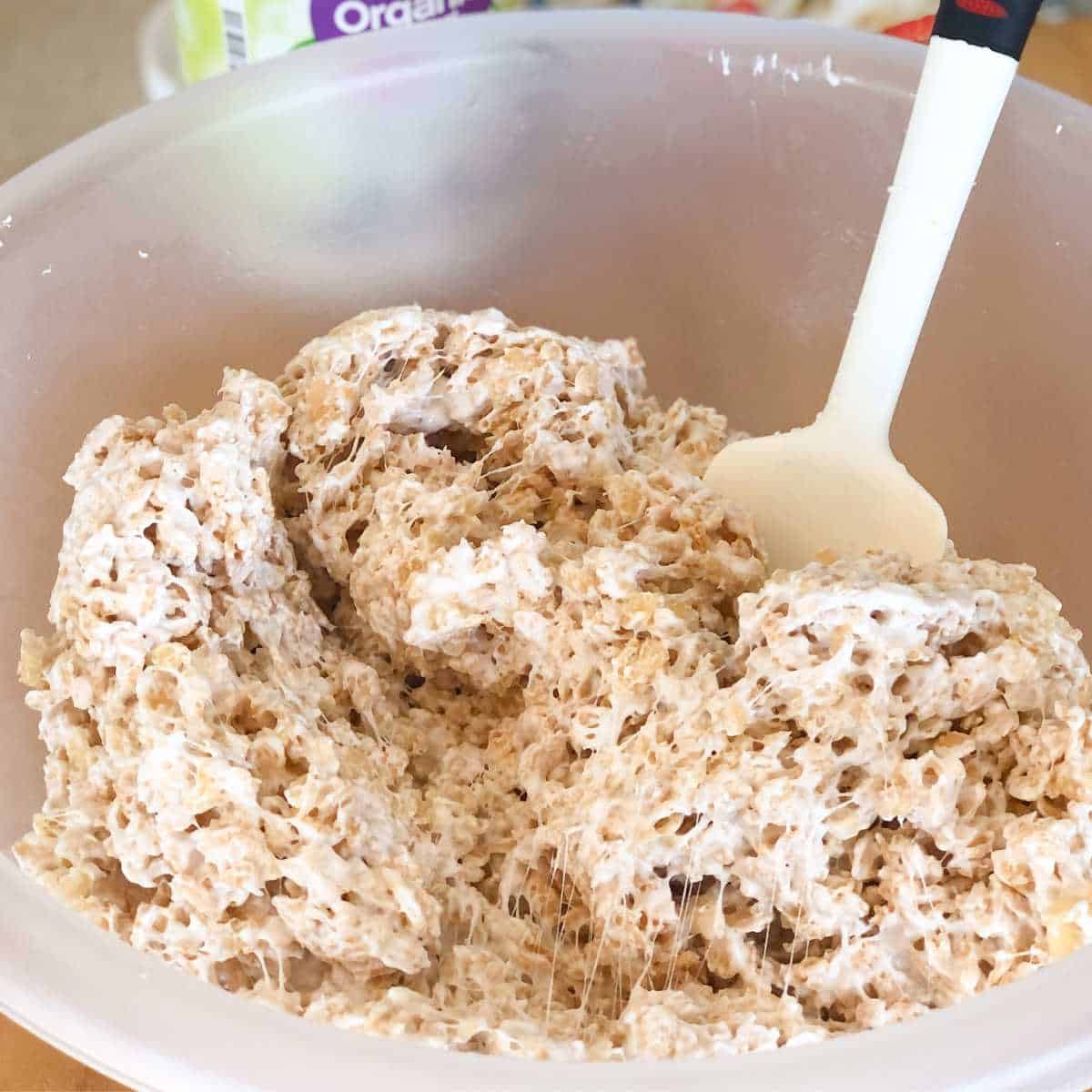 gluten free crispy rice mixed into a dairy free marshmallow mixture