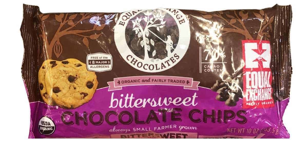 A bag of Equal Exchange bittersweet chocolate chips