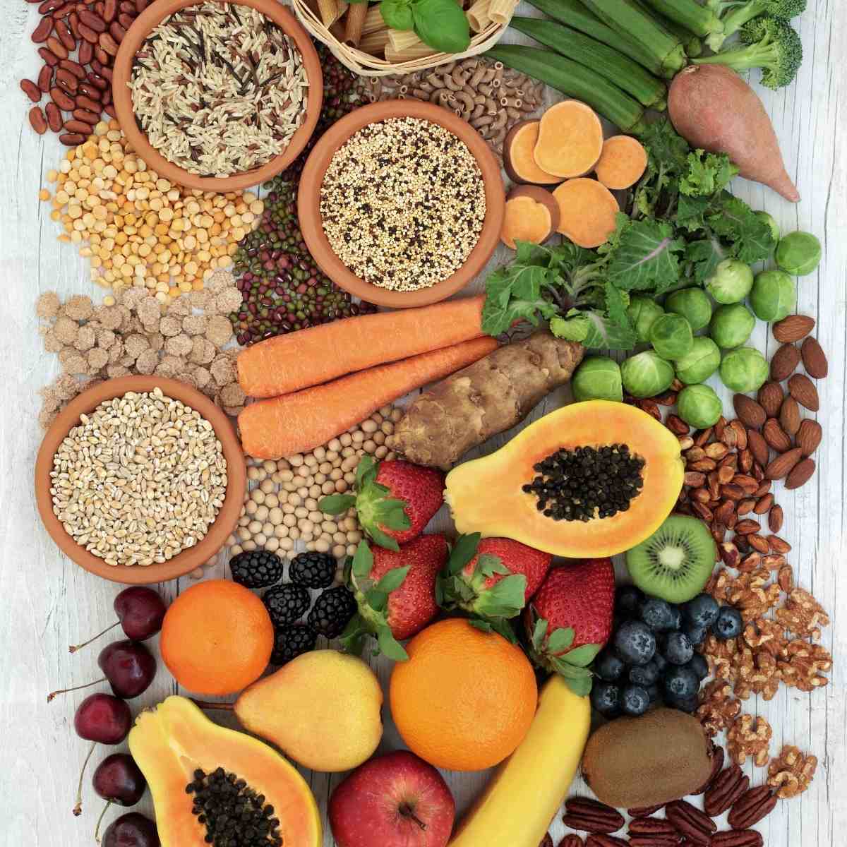 A variety of foods containing gluten free fiber.