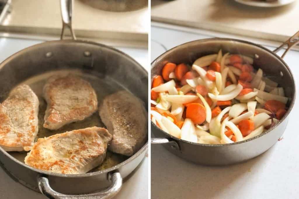 A side-by-side photo of browning pork chops and cooking carrots, onions and celery
