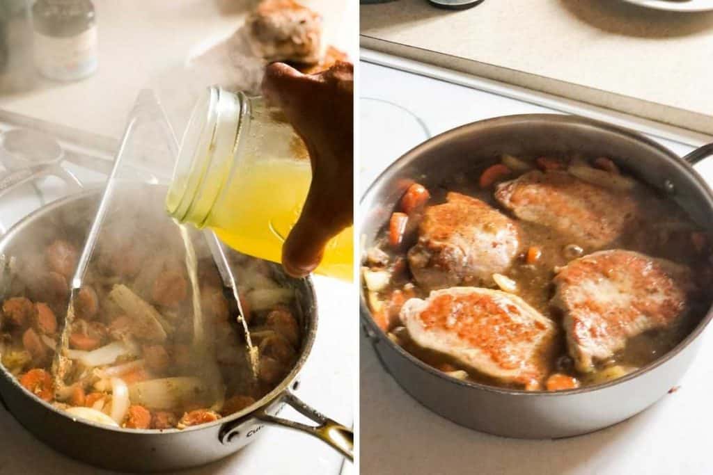A side-by-side photo of broth being poured into a pan and pork chops in gravy