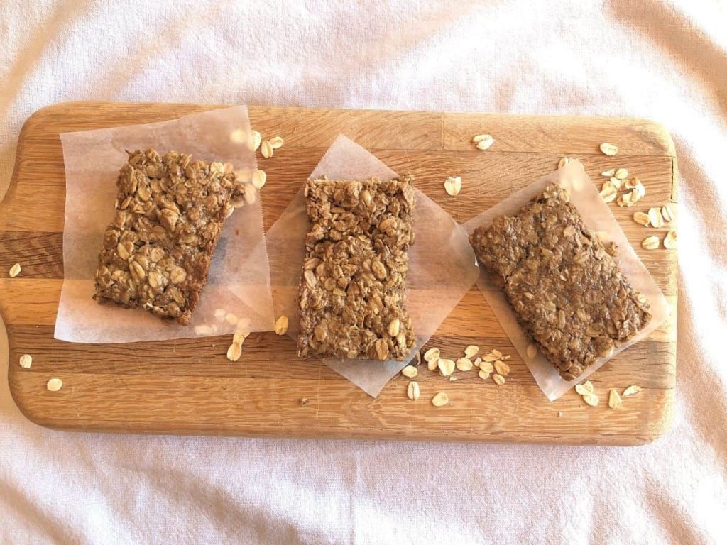Overhead view of three nut free granola bars