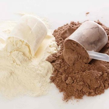 Scoops of vanilla and chocolate allergy free protein powder